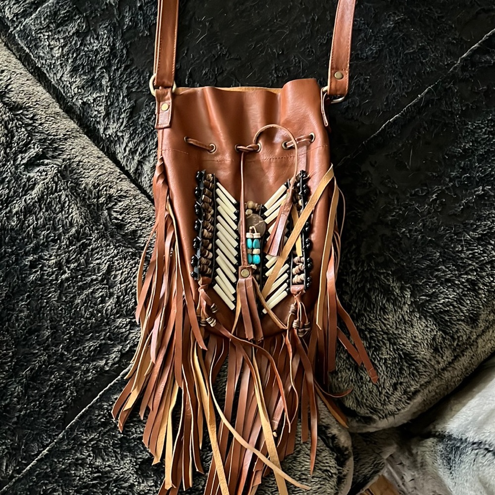 Brown leather boho fringe purse